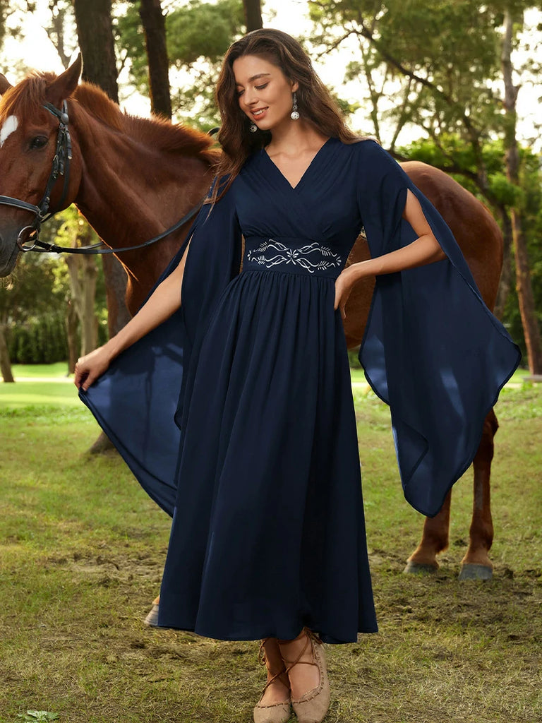 Scarlet Darkness Renaissance Purple Embroidered Chiffon Pockets Dress