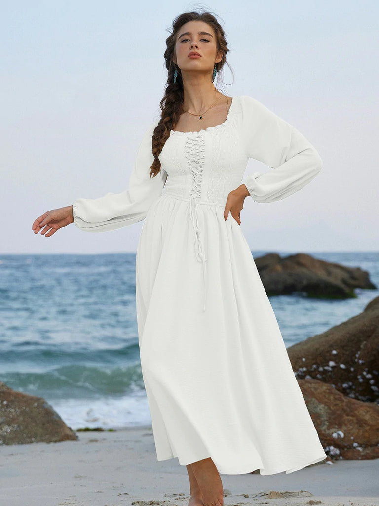 Scarlet Darkness Renaissance Elastic Waist Cross Straps Pockets Dress