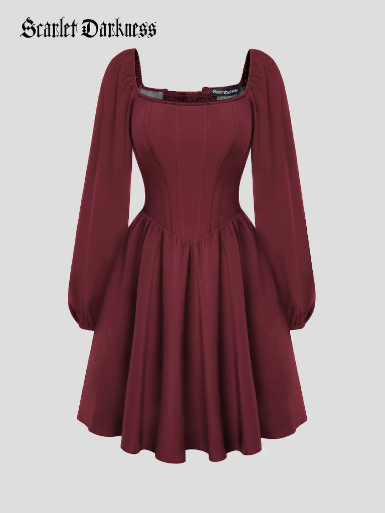 Scarlet Darkness Victorian Cocktail Party Corset Dress with Pockets Red