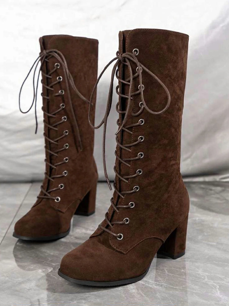 Scarlet Darkness Women's Lace-Up Suede Thick-Heeled Witch Boots