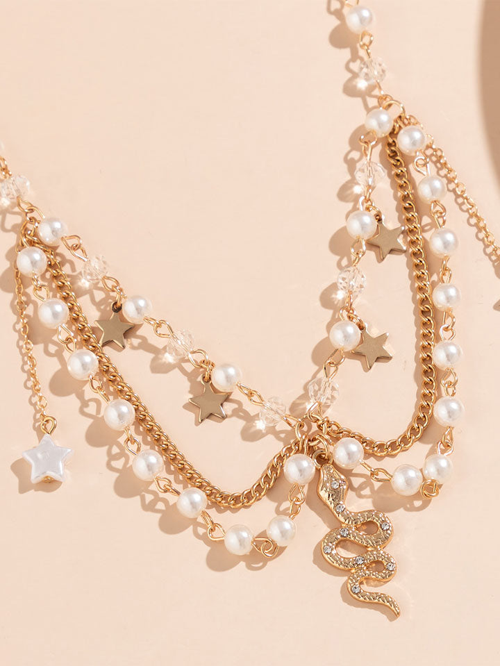 Elegant Layered Star Tassel Snake Pendant Chain Necklace SCARLET DARKNESS