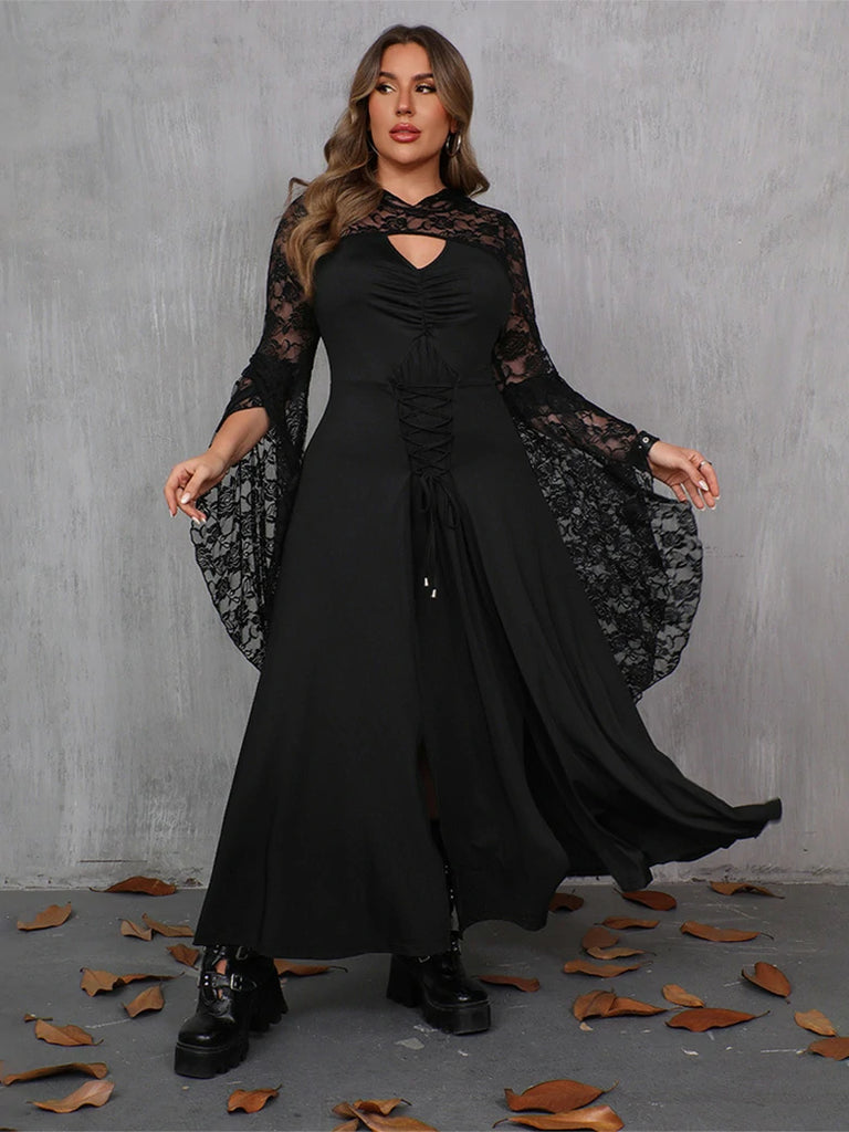 Scarlet Darkness Women Plus Size Gothic Spliced Lace Hem Slit Dress