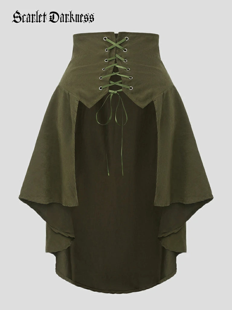 Scarlet Darkness Medieval High-Waisted Skirt with Irregular Hem and Tie Green