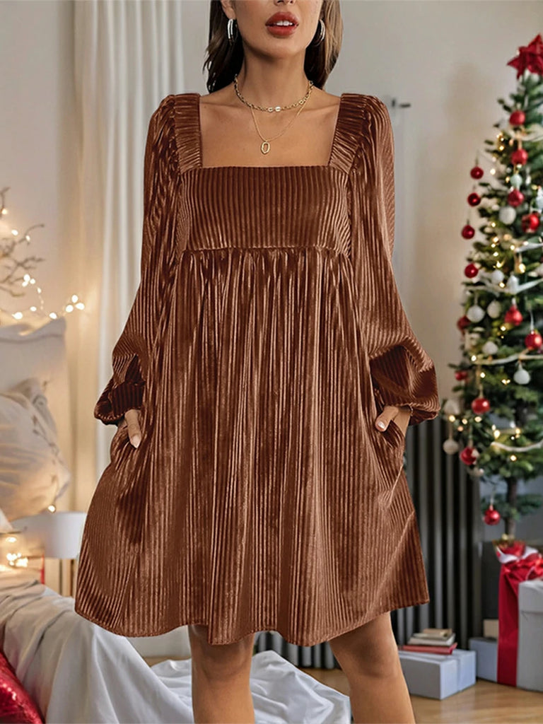 Scarlet Darkness New Winter Christmas Warm Velvet Pockets Dress Brown