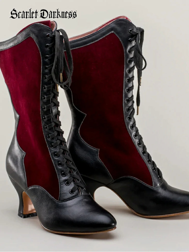 Scarlet Darkness Gothic Velvet Leather High-heeled Boots for Parties Wine