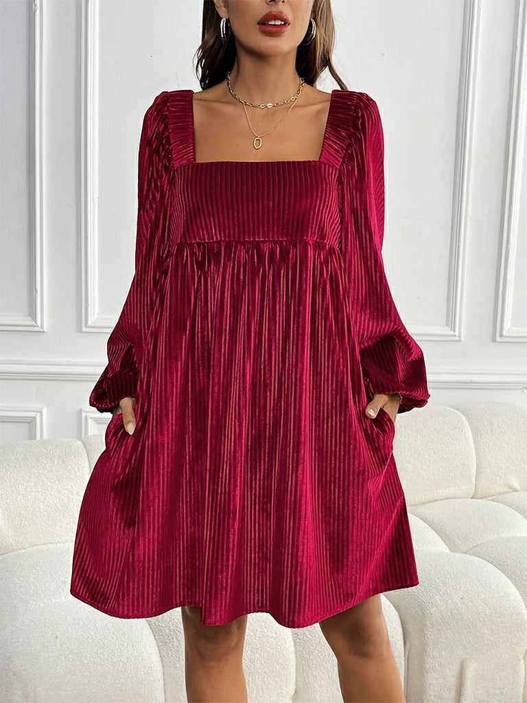 Scarlet Darkness New Winter Christmas Warm Velvet Pockets Dress