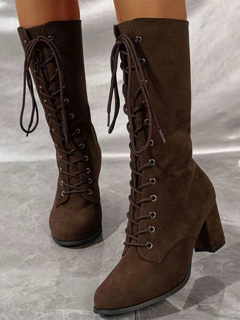 Scarlet Darkness Women's Lace-Up Suede Thick-Heeled Witch Boots