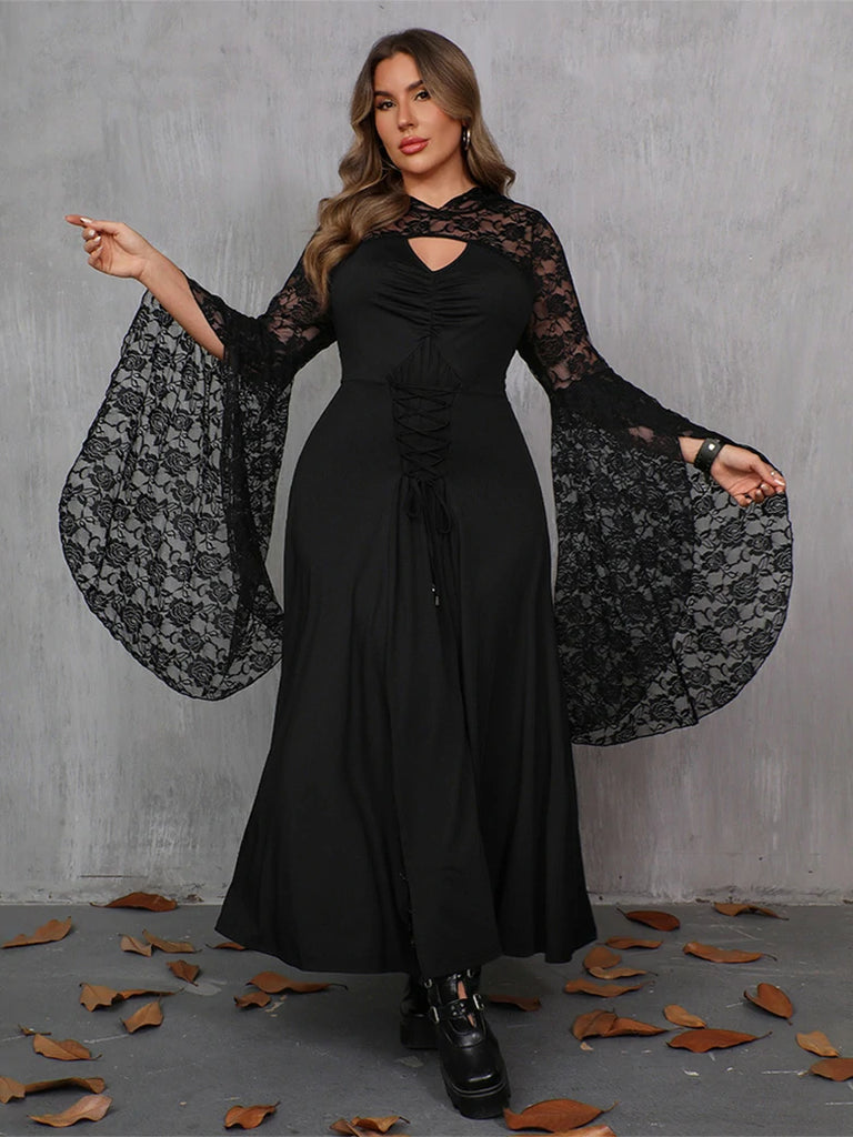 Scarlet Darkness Women Plus Size Gothic Spliced Lace Hem Slit Dress