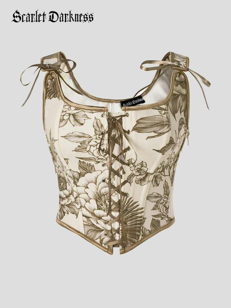 Scarlet Darkness Renaissance Festival Floral Corset Tops with 10 Bones Light brown