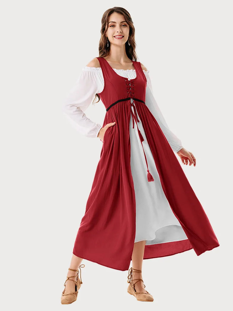 Ren Faire Off-Shoulder Dress+Tank Dress 2pcs Set Costume SCARLET DARKNESS