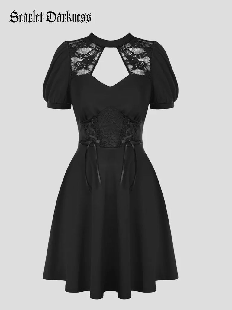 Belted Lace Panel Dress Hollowed-out A-Line Dress SCARLET DARKNESS