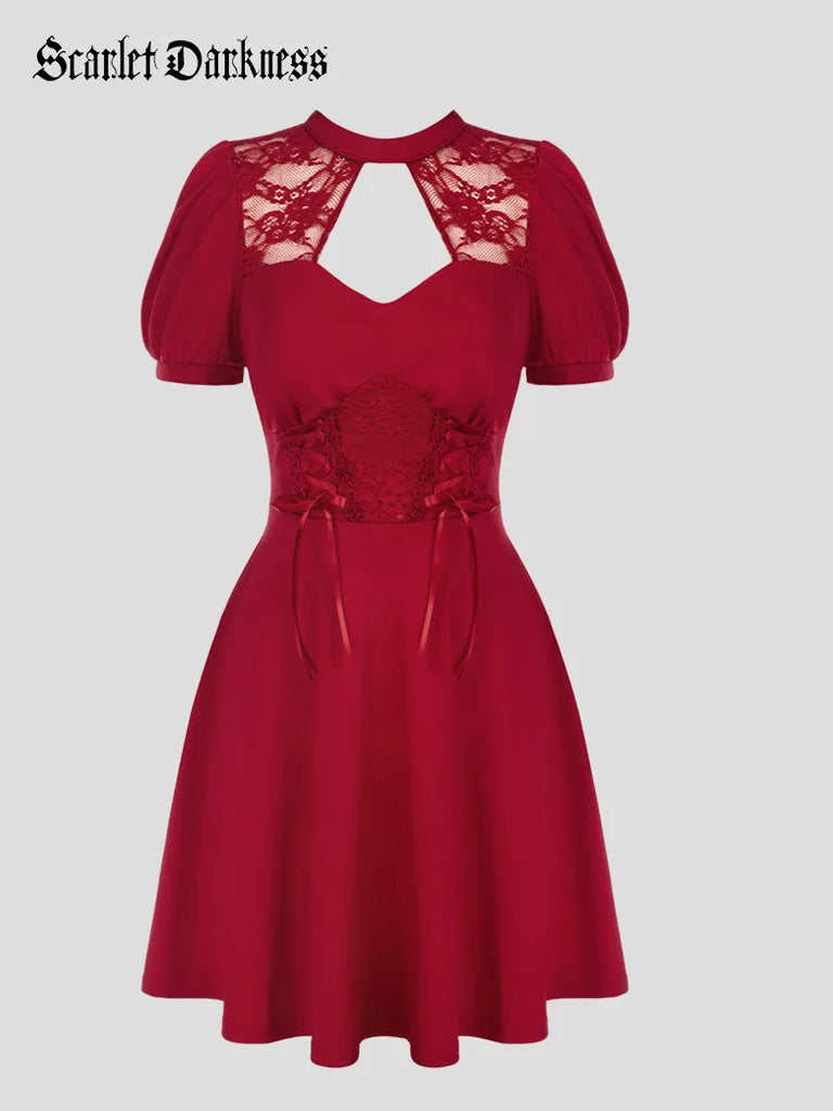 Belted Lace Panel Dress Hollowed-out A-Line Dress SCARLET DARKNESS