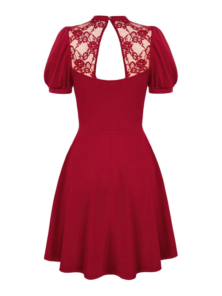 Belted Lace Panel Dress Hollowed-out A-Line Dress Scarlet Darkness
