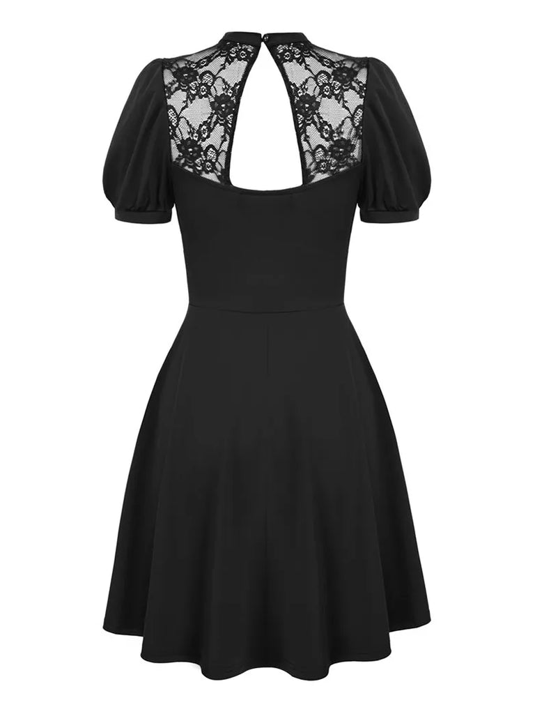 Belted Lace Panel Dress Hollowed-out A-Line Dress Scarlet Darkness