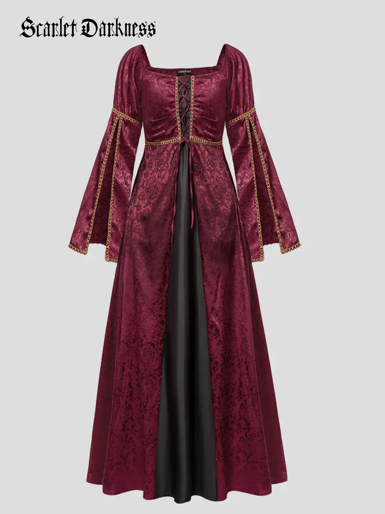 Medieval Off Shoulder Jacquard Golden Trim Queen's Dress Scarlet Darkness