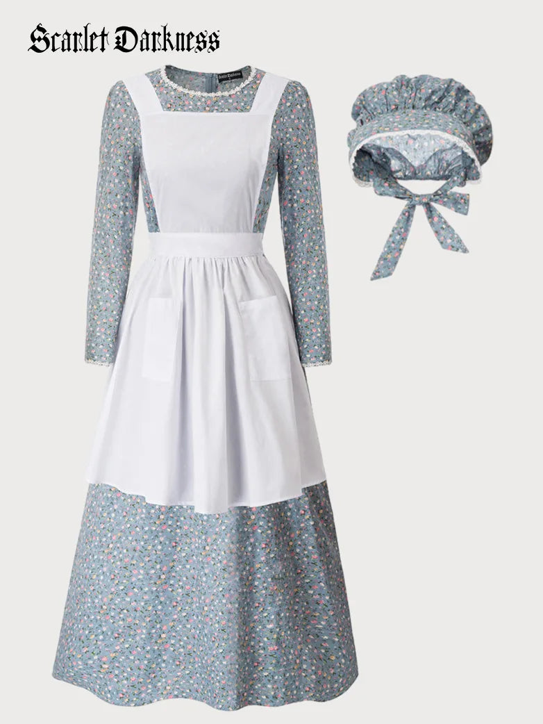 3 Pcs Floral Deluxe Colonial Costume Dress (Dress + Apron + Hat)