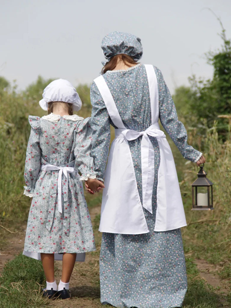 3 Pcs Floral Deluxe Colonial Costume Dress (Dress + Apron + Hat) SCARLET DARKNESS