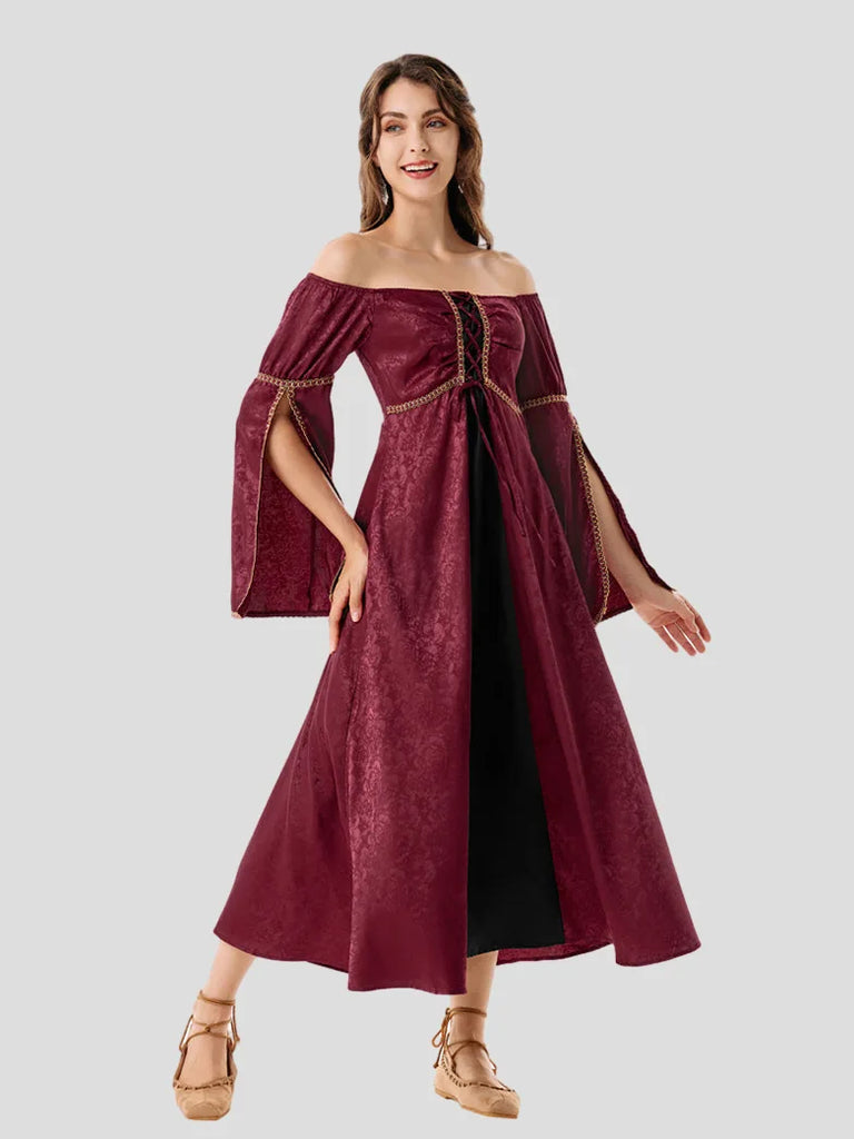 Medieval Off Shoulder Jacquard Golden Trim Queen's Dress SCARLET DARKNESS