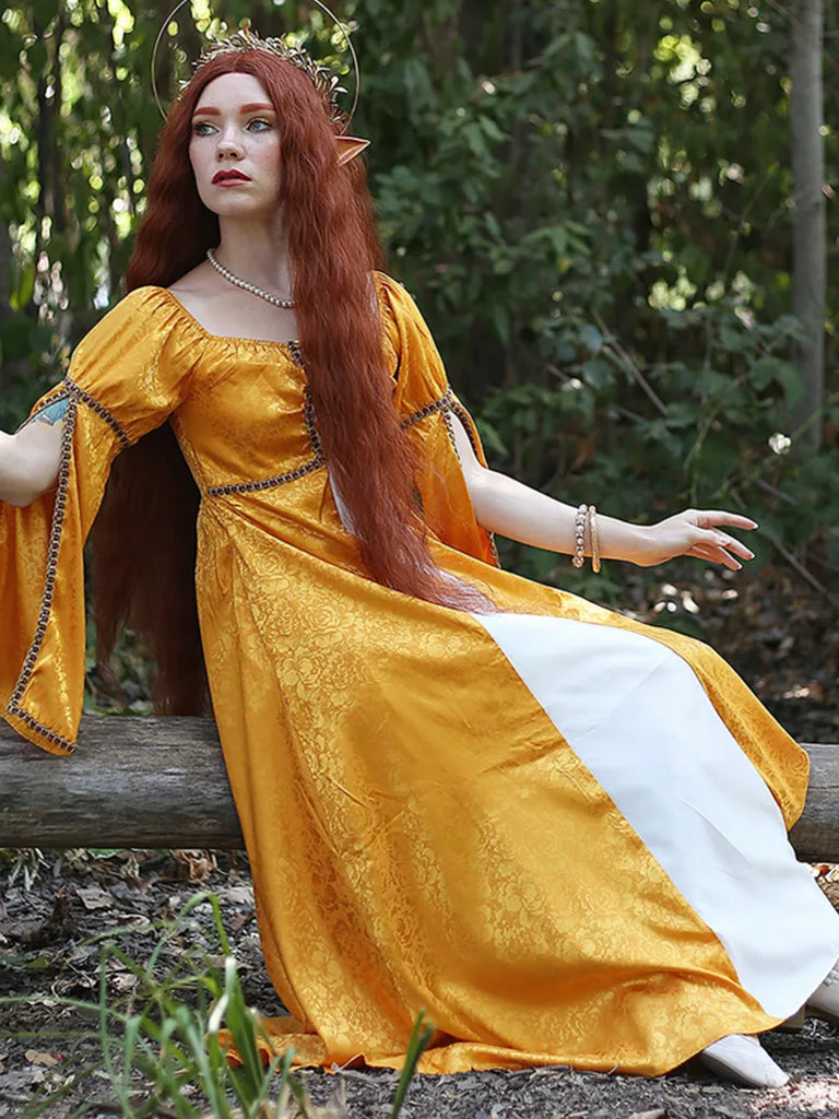 Medieval Off Shoulder Jacquard Golden Trim Queen's Dress Scarlet Darkness
