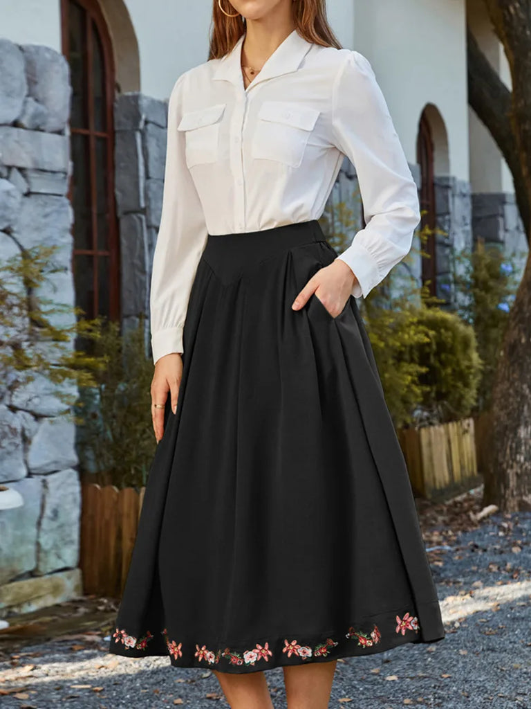 Embroidered Belt Elastic High Waist Flared Skirt with Pocket SCARLET DARKNESS