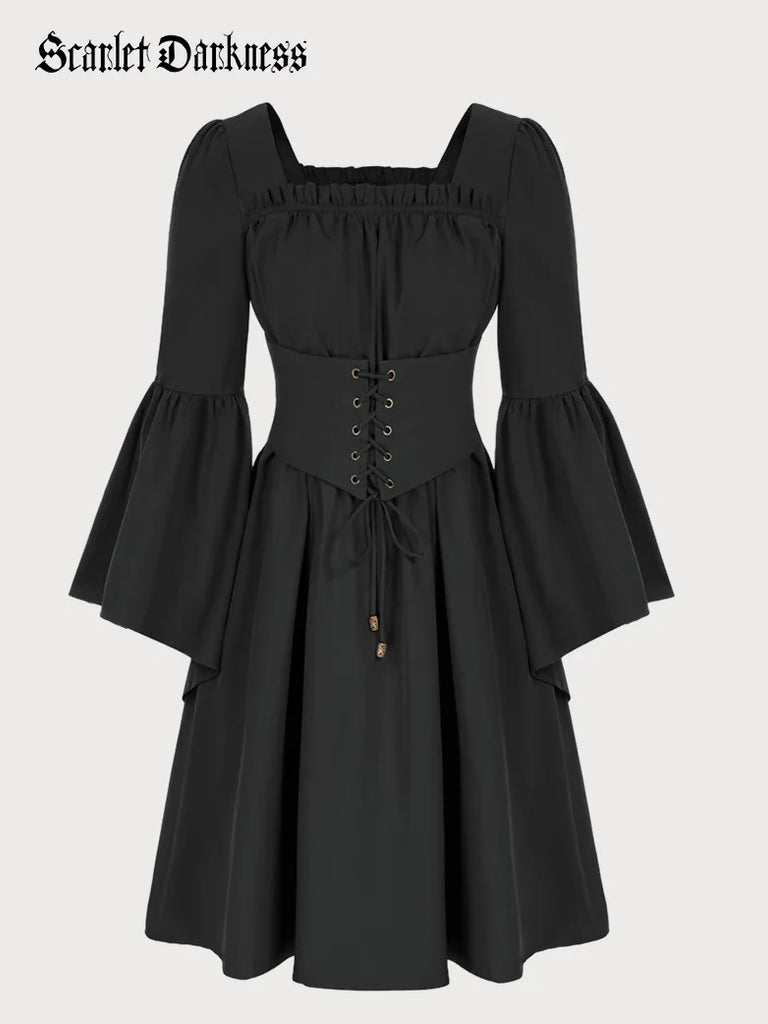 Square Neck Pleated Waistband Decorated Long Sleeve Dress Scarlet Darkness