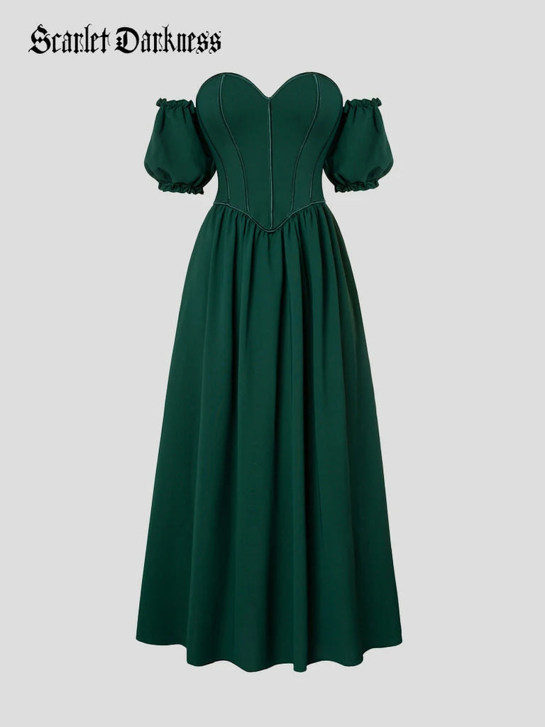 Scarlet Darkness Victorian Off Shoulder Corset Bodice Maxi Dress Green