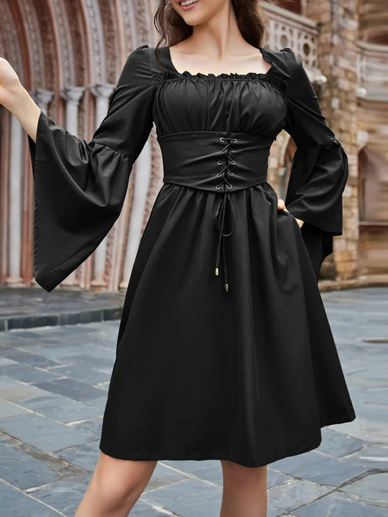 Square Neck Pleated Waistband Decorated Long Sleeve Dress SCARLET DARKNESS