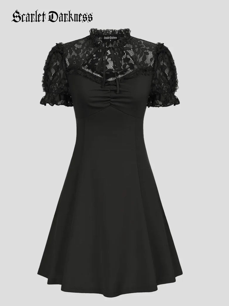 Gothic Lace Patchwork Hollowed-out Front A-Line Dress SCARLET DARKNESS