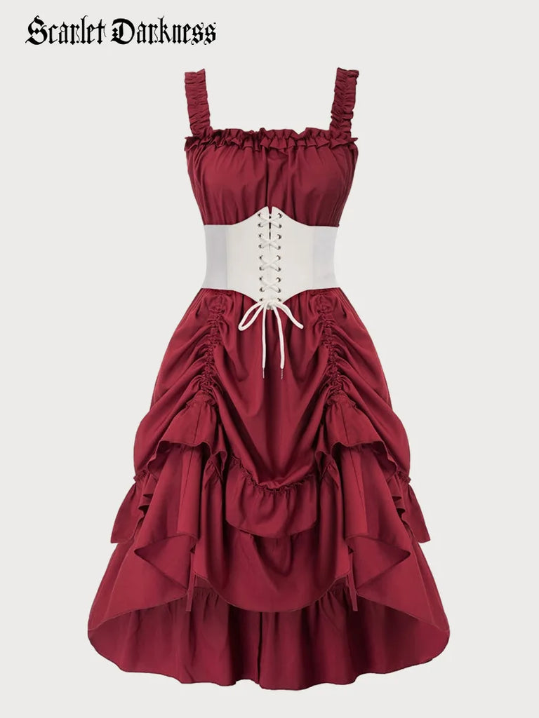Pleated Gothic Steampunk High Low Dress SCARLET DARKNESS