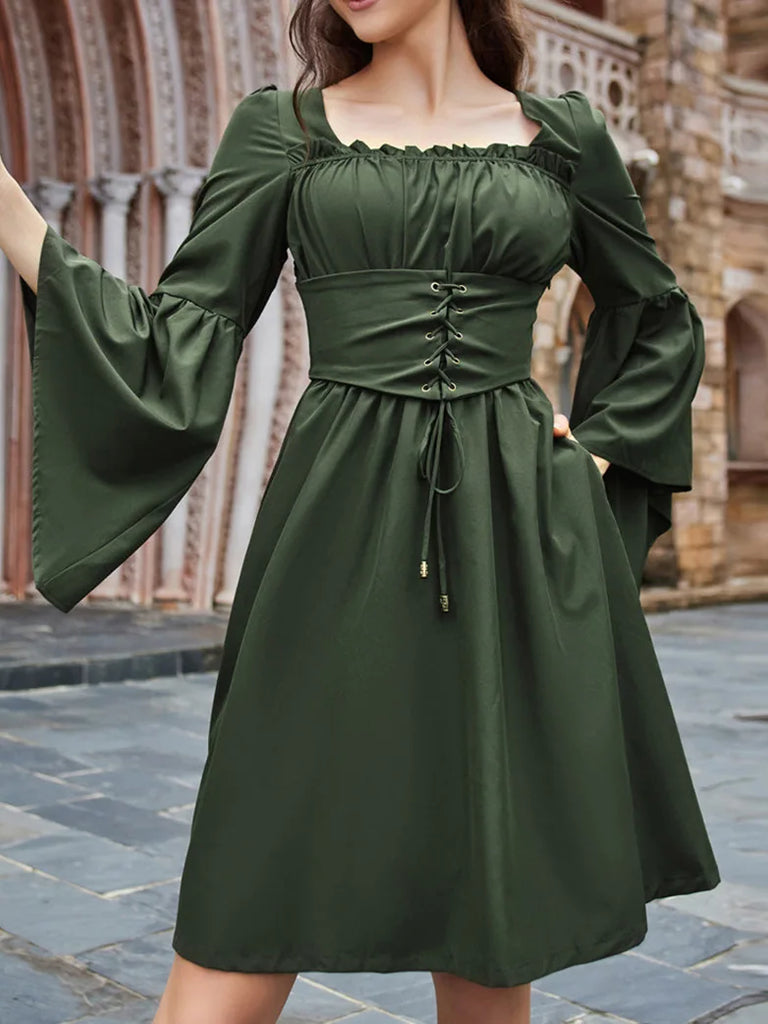 Square Neck Pleated Waistband Decorated Long Sleeve Dress Scarlet Darkness