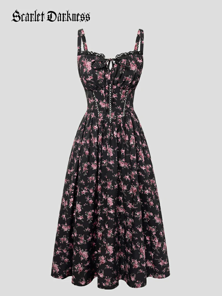 Scarlet Darkness Spring Victorian Floral Pockets Corset Milkmaid Dress Black