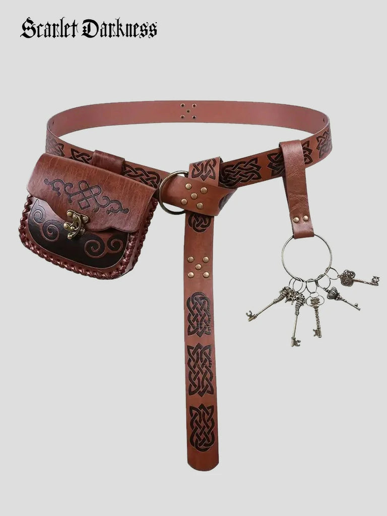 Scarlet Darkness Medieval Viking Knight Faux Leather Waist Bag Belt Set 3-piece set-Brown F
