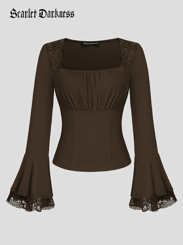 Scarlet Darkness Women 2025 Halloween Victorian Long Sleeve Shirts Brown