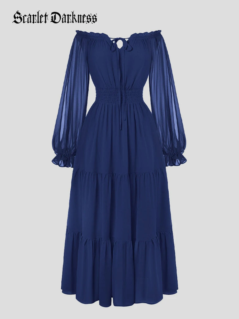 Scarlet Darkness Renaissance Chiffon Sleeve Elastic Waist Pocket Dress Blue