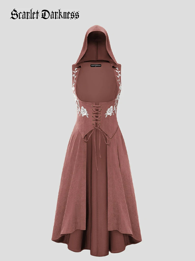 Scarlet Darkness Renaissance Warrior Rose-embroidered Hooded Vest Dress Pink