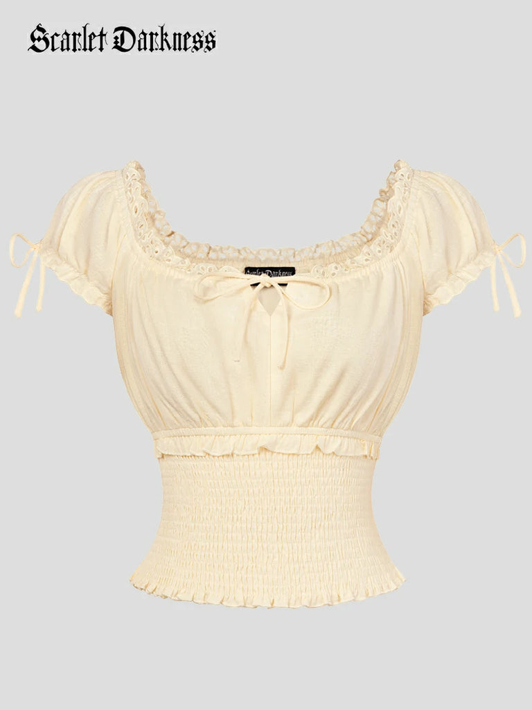 Scarlet Darkness 100% Cotton Renaissance Smocked Waist Tops Apricot