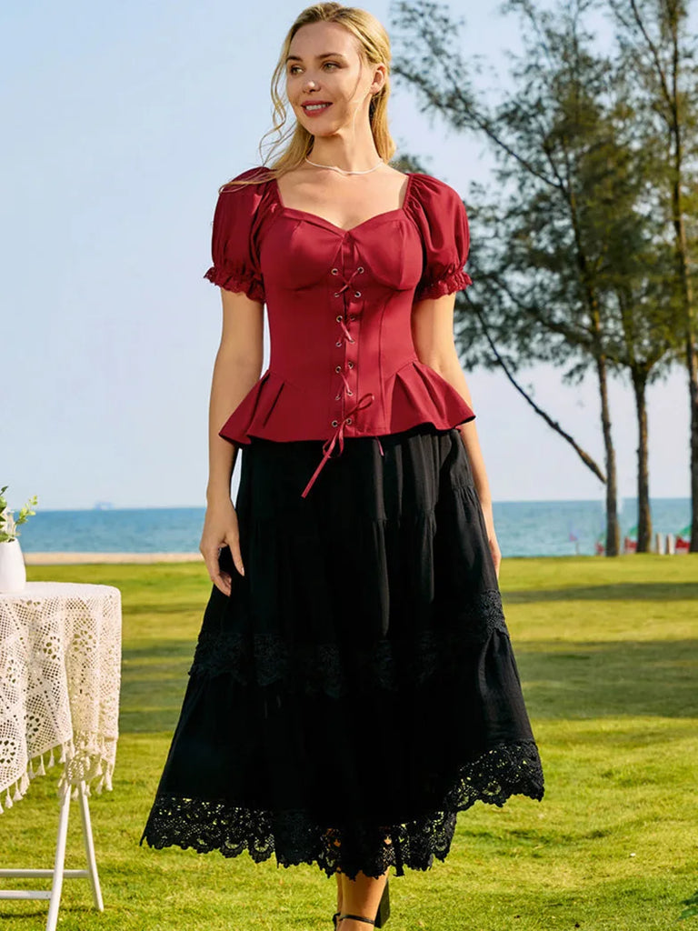 Sweetheart Neck Puff Sleeves Cross Straps Blouse SCARLET DARKNESS