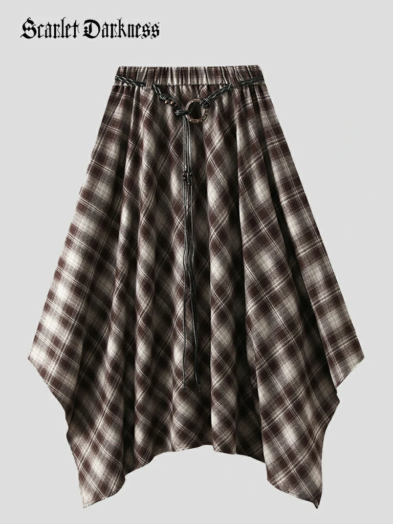 Scarlet Darkness 2025 Retro Plaid Irregular Midi Skirt with Tie Light brown 66-92cm 86cm
