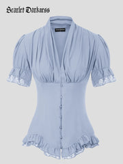Scarlet Darkness Ladies Victorian Blouse Lace Up Pleated Shirt Light blue