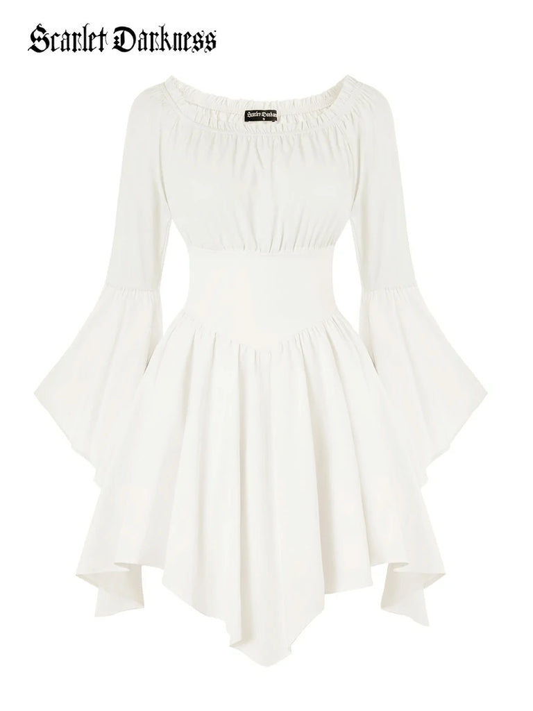 Scarlet Darkness Renaissance Irregular Hem Off Shoulder Pockets Dress White