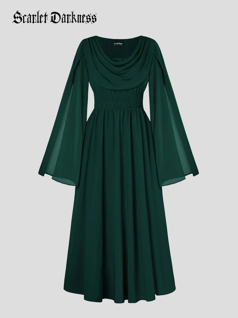 Scarlet Darkness Renaissance Fairy Slit Sleeve Draped Neck Pockets Dress Dark green