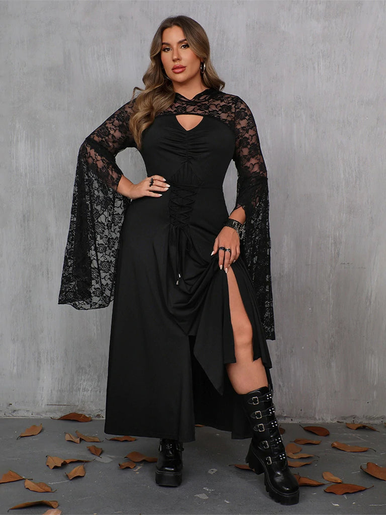 Scarlet Darkness Women Plus Size Gothic Spliced Lace Hem Slit Dress Black