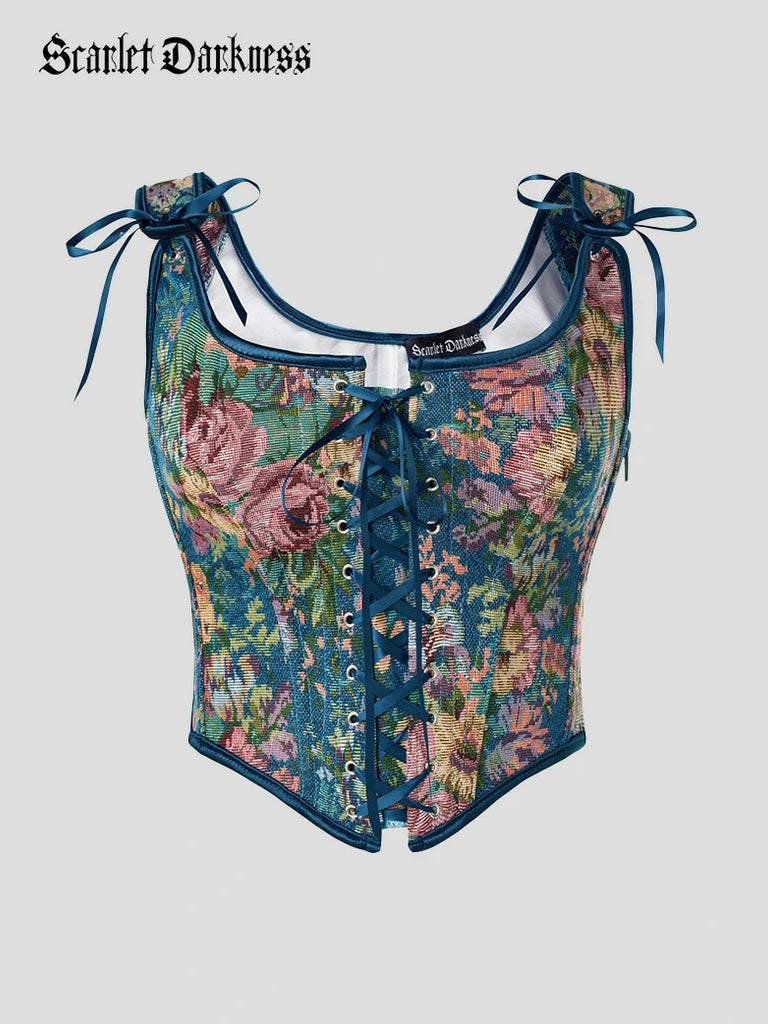 Scarlet Darkness Renaissance Festival Floral Corset Tops with 10 Bones Navy blue