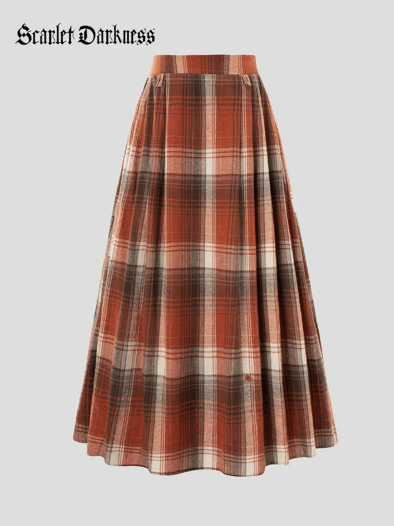 Scarlet Darkness Women Plaided Buckle up Flared Swing Maxi Skirt
