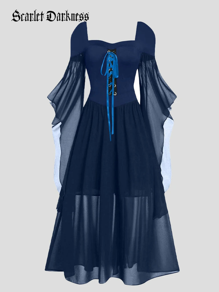 Scarlet Darkness 2025 Halloween Witch Fairy Tie-Strap Long Dress Blue