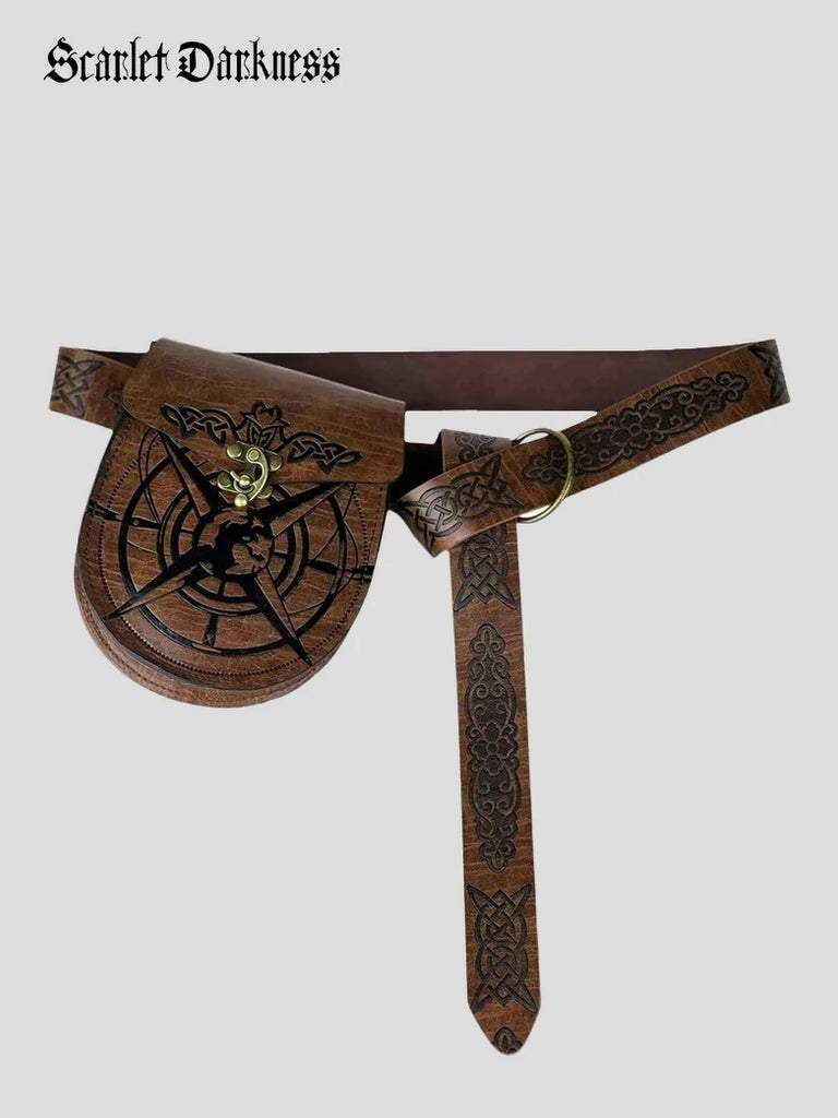 Scarlet Darkness Medieval Viking Faux Leather Waist Bag Belt Set Brown 160cm + 13.5*18.5*4cm