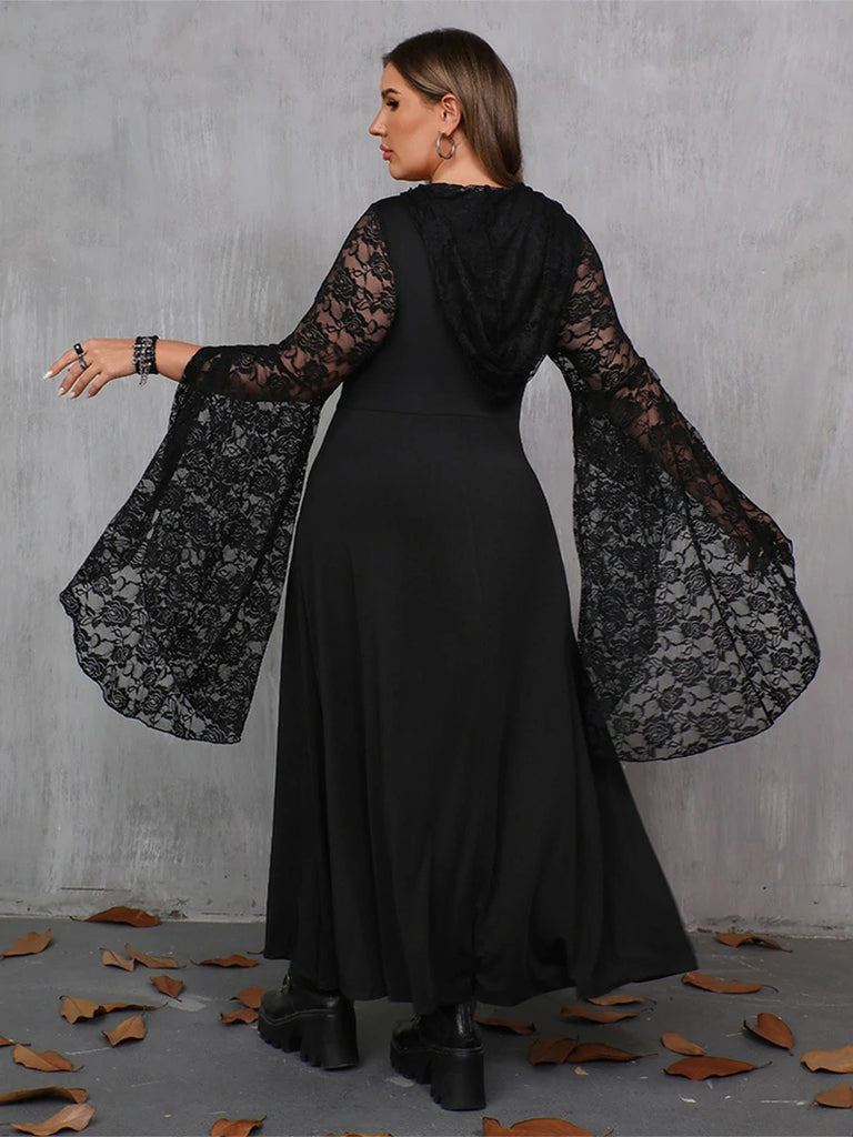 Scarlet Darkness Women Plus Size Gothic Spliced Lace Hem Slit Dress