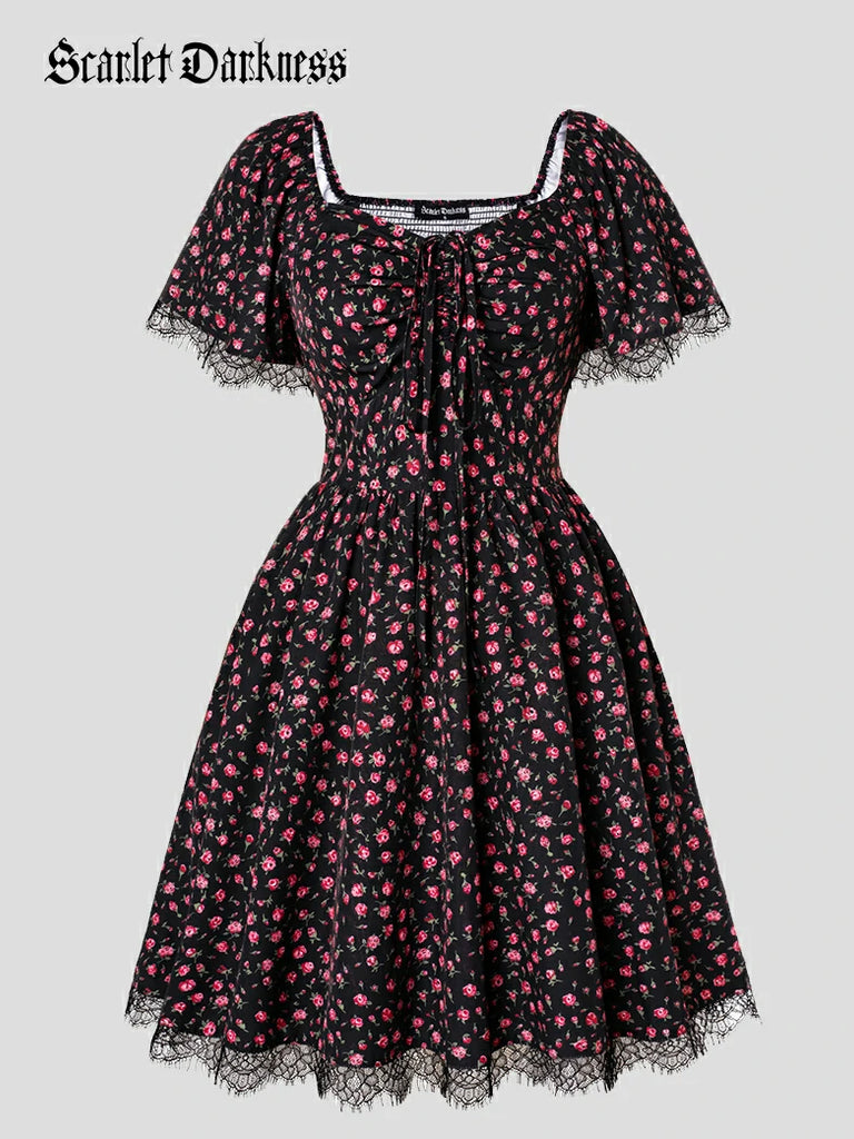 Women's Off-The-Shoulder Floral Summer Dress – Puff Sleeve, Square Neck, Renaissance Style