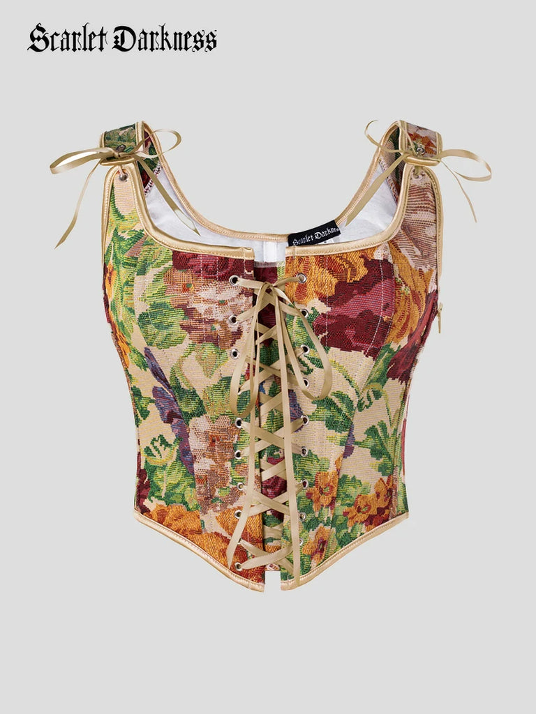 Scarlet Darkness Renaissance Festival Floral Corset Tops with 10 Bones Orange