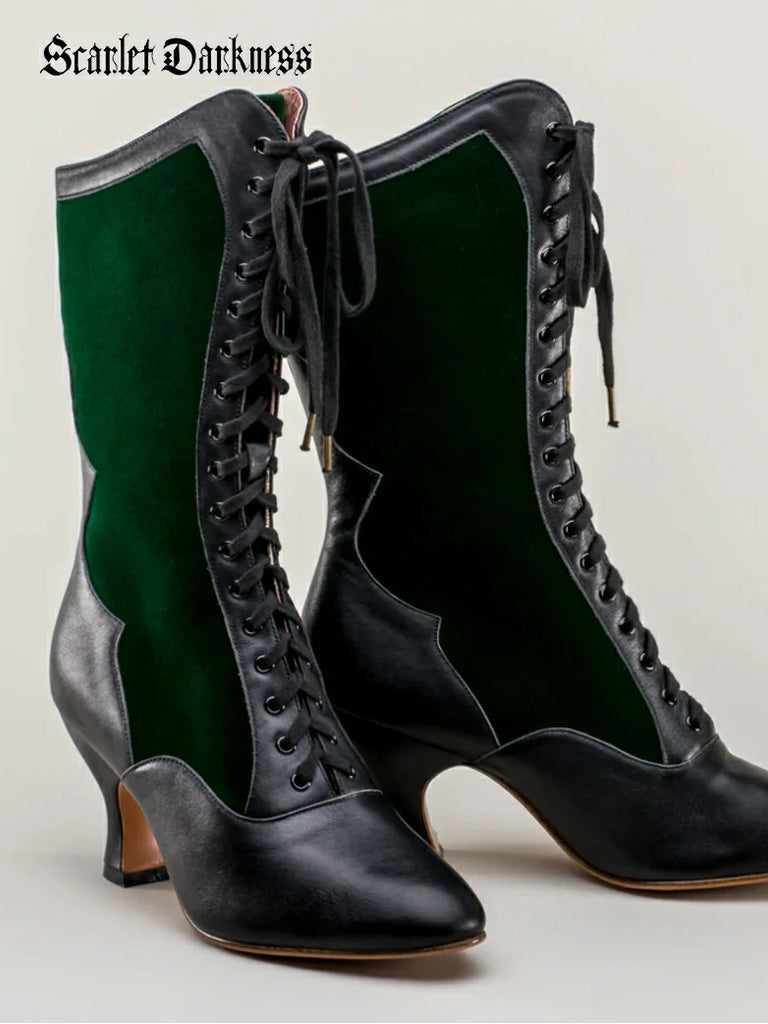 Scarlet Darkness Gothic Velvet Leather High-heeled Boots for Parties Green